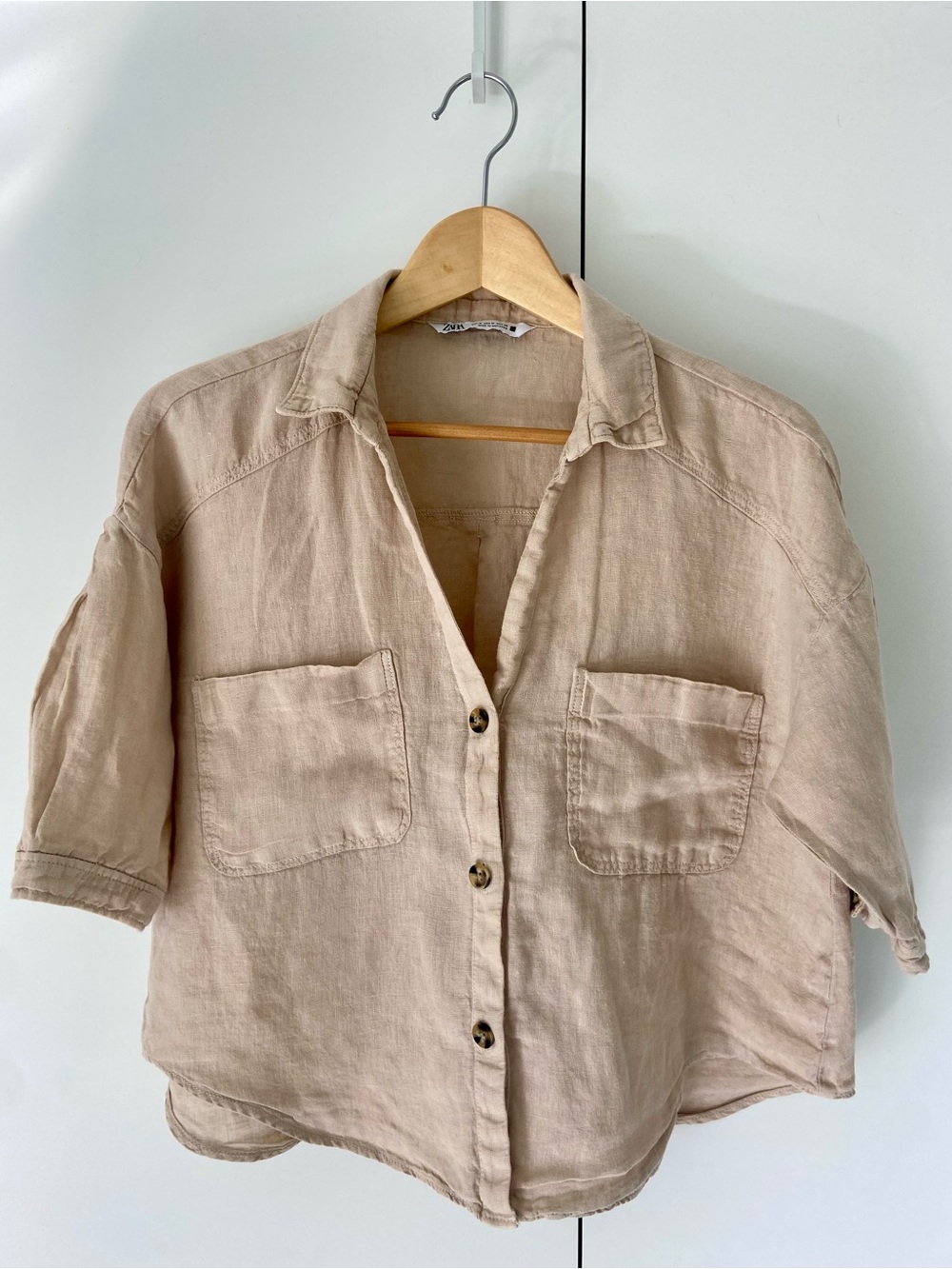ZARA Linen Short Sleeve V-neck Button Up Shirt Tan Medium EUC